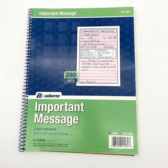 Adams Phone Message Book‎ 2 Part Carbonless Spiral 4 Per Page 200 Total - Picture 1 of 7